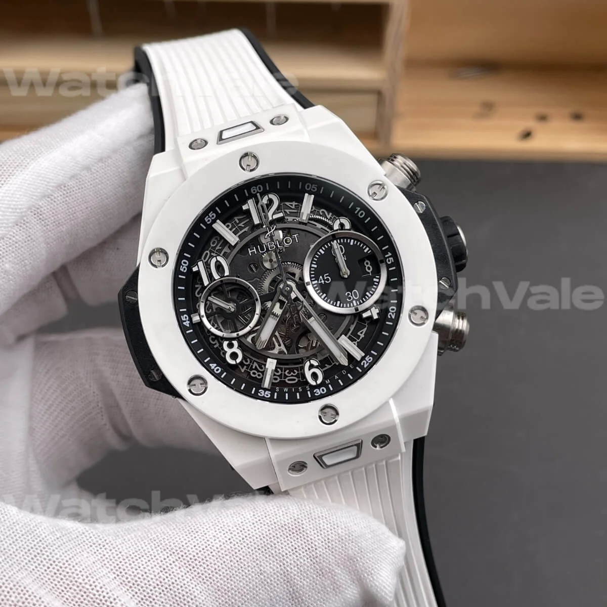 Luxury Hublot Big Bang Unico White Ceramic Super Clone Replica with skeleton dial.