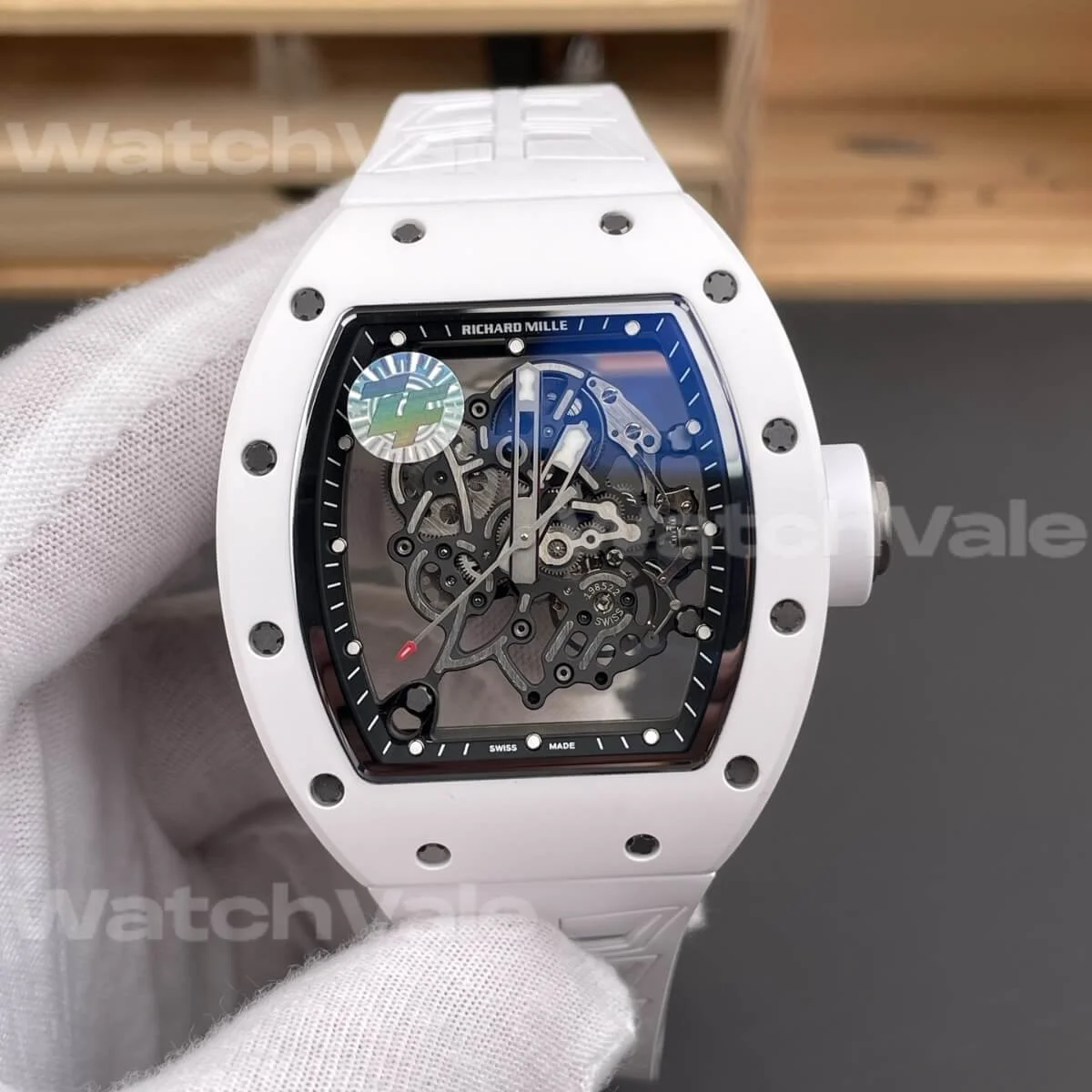 Richard Mille RM 055 Bubba Watson White Ceramic Super Clone Replica front view with skeleton dial.