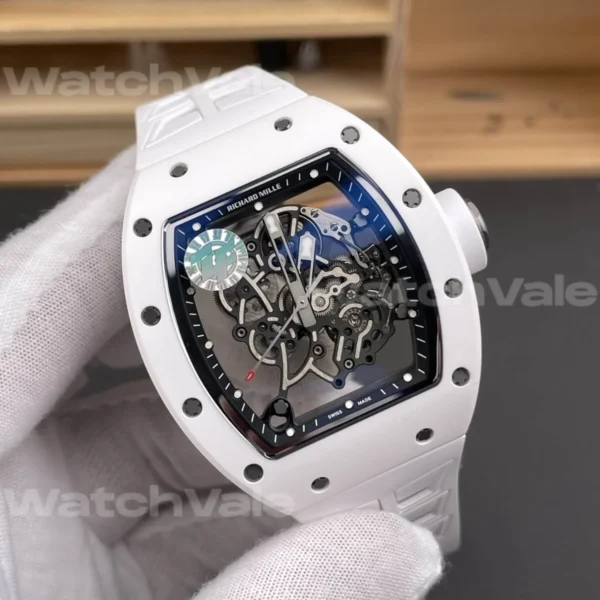 Richard Mille RM 055 White Ceramic Super Clone Replica luxury watch featuring a skeleton automatic movement.