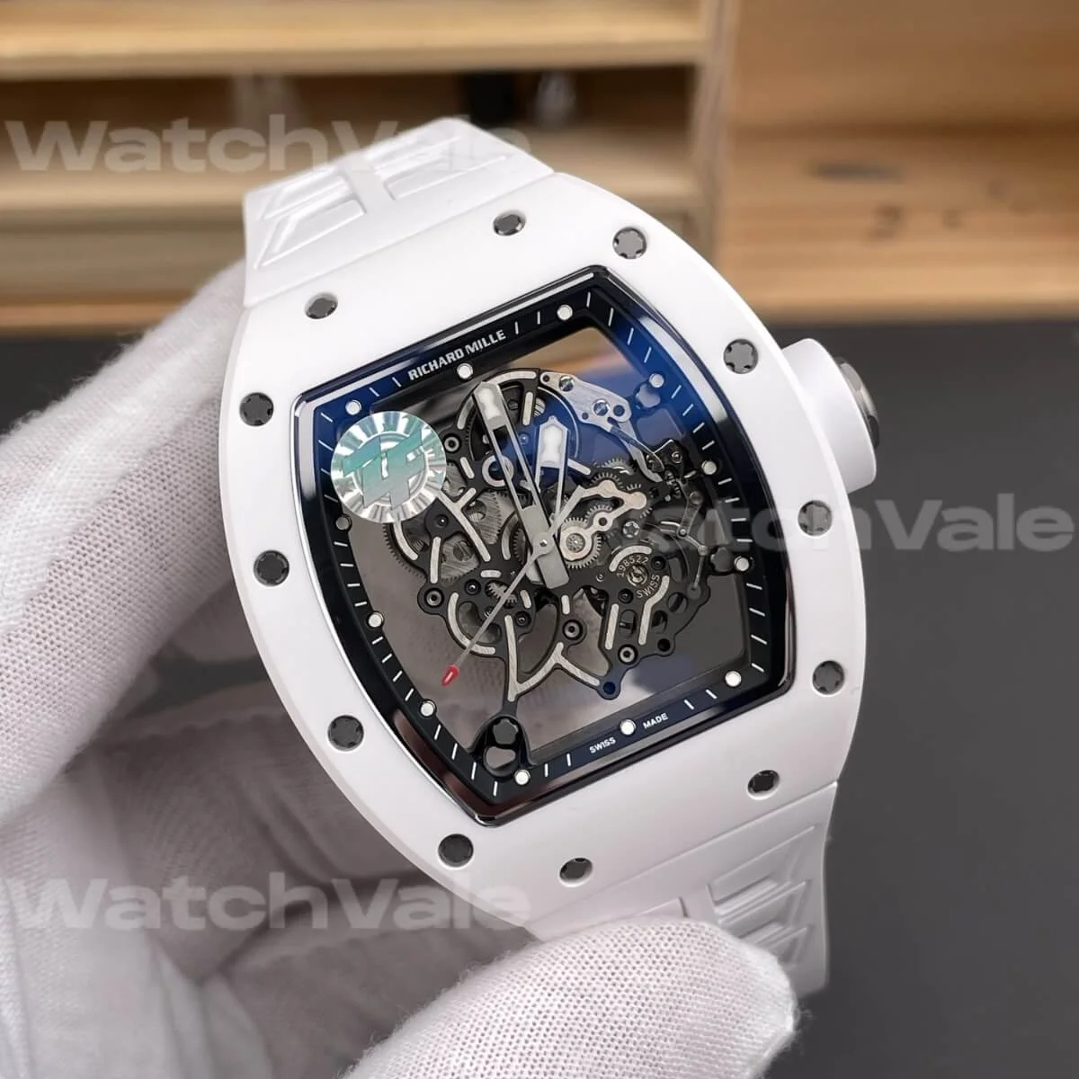 Richard Mille RM 055 White Ceramic Super Clone Replica luxury watch featuring a skeleton automatic movement.