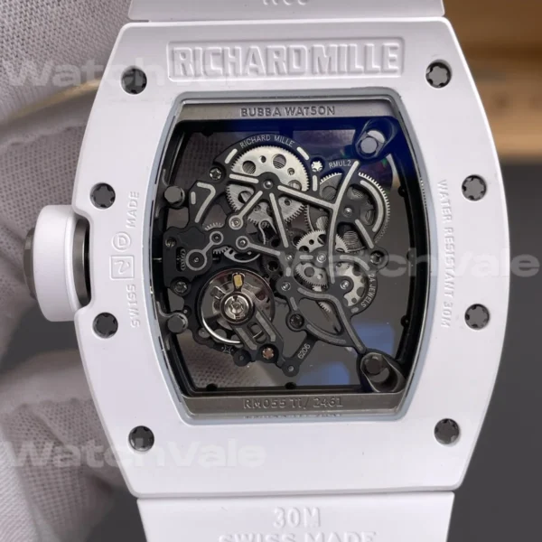 Premium Richard Mille RM 055 White Ceramic Super Clone Replica showcasing the transparent skeleton dial.