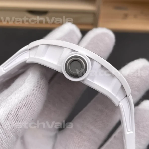 Richard Mille RM 055 Bubba Watson White Ceramic Replica luxury sports watch close-up.