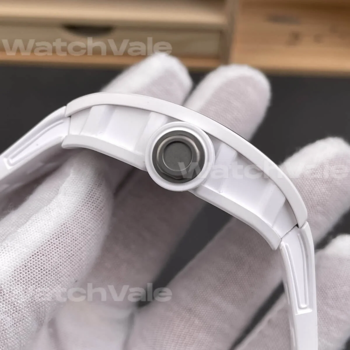 Richard Mille RM 055 Bubba Watson White Ceramic Replica luxury sports watch close-up.