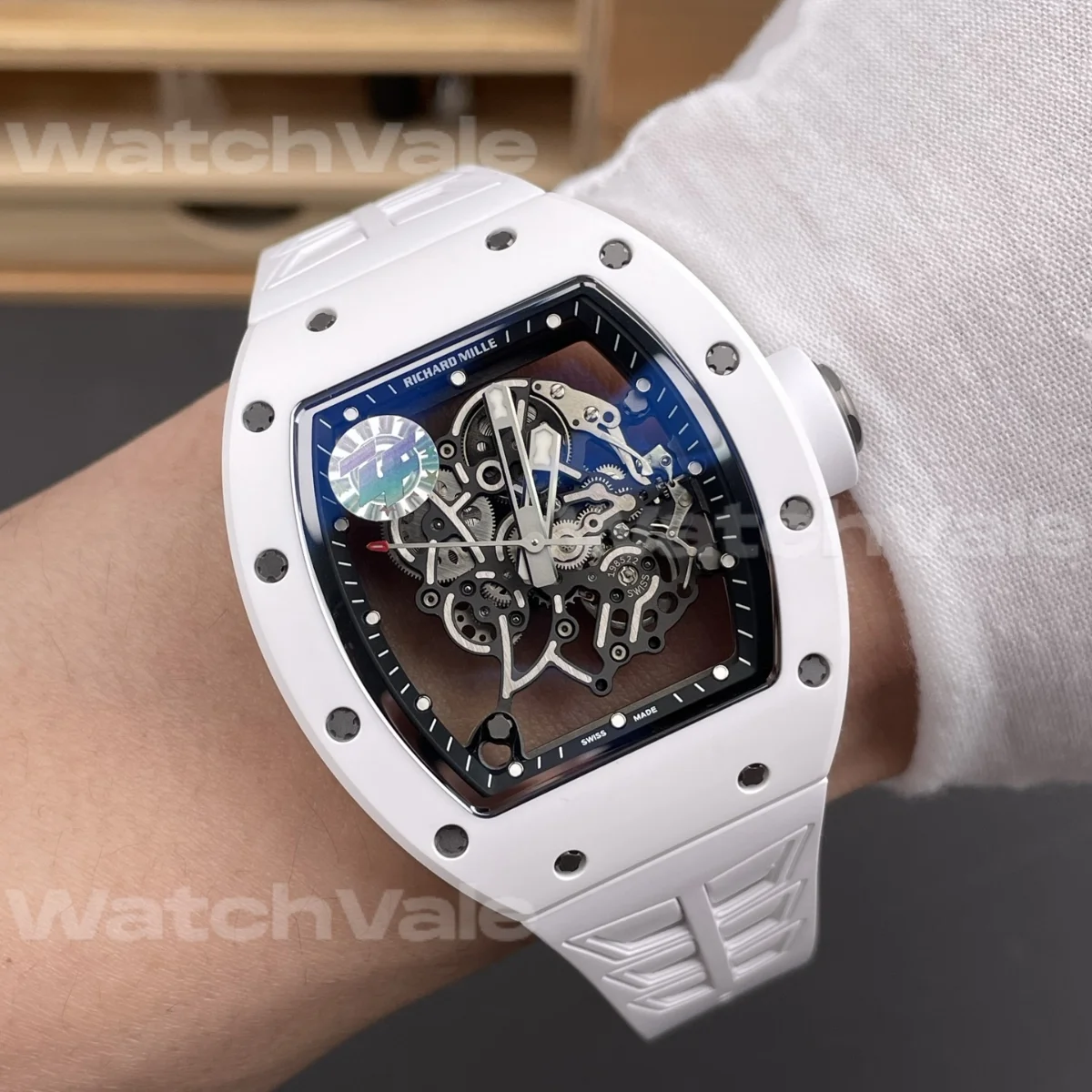 Richard Mille RM 055 Bubba Watson Replica featuring a skeleton mechanical movement and white rubber bracelet.