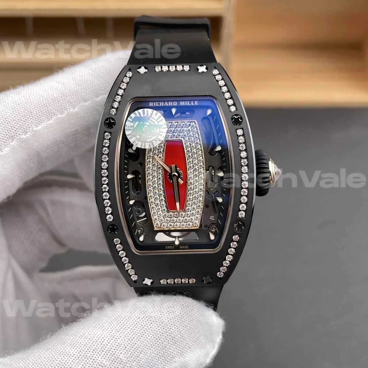 Richard Mille RM 07-01 Automatic Black Ceramic Red Lip Dial Diamond Bezel Super Clone Replica front view