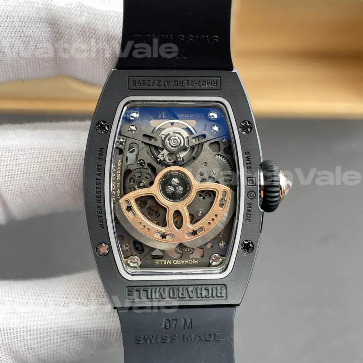 Richard Mille RM 07-01 Black Ceramic Diamond Bezel Replica watch close-up of skeleton dial