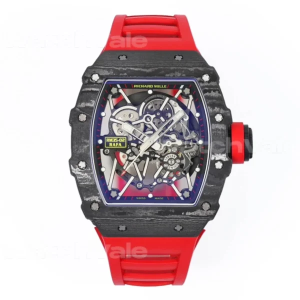 Richard Mille RM 35-02 Rafael Nadal Carbon TPT Red Quartz TPT Super Clone Replica front view with red rubber strap.