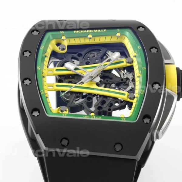 Richard Mille RM 61-01 Yohan Blake Super Clone Replica front view with green and yellow skeleton dial