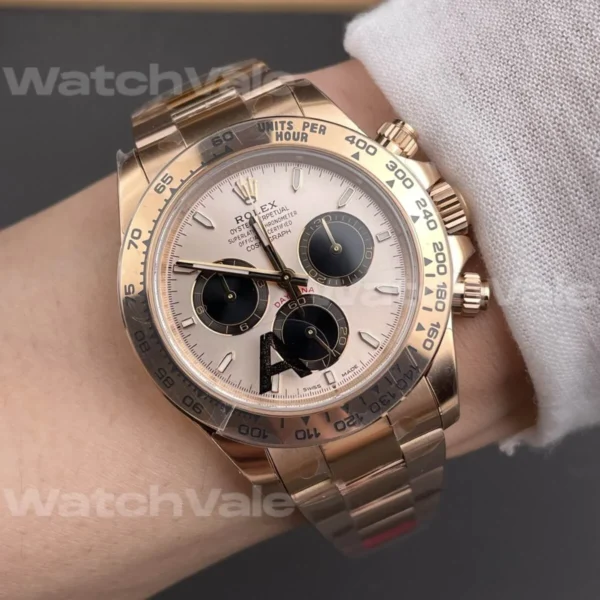 High-resolution image of a Daytona-inspired rose gold chronograph watch