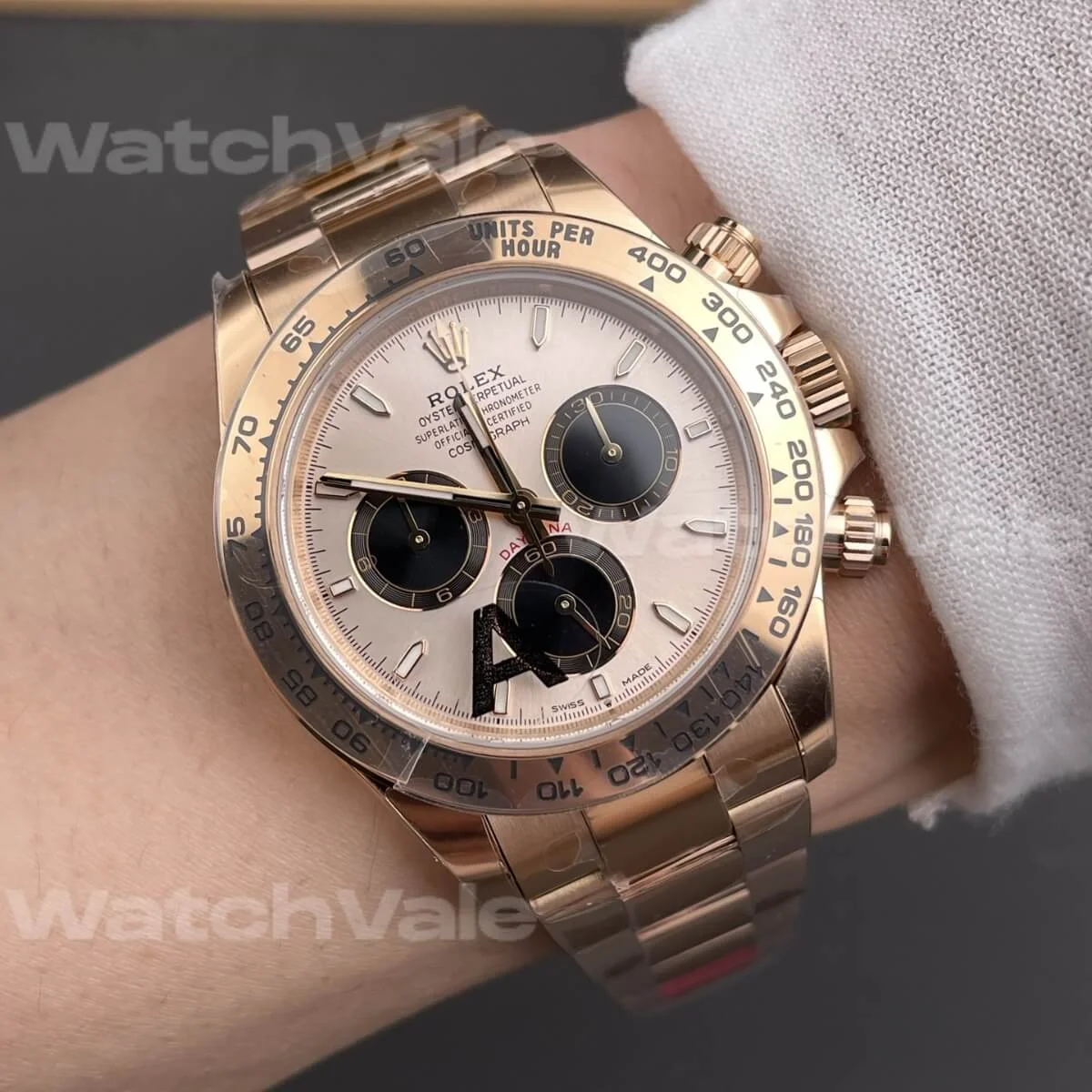 High-resolution image of a Daytona-inspired rose gold chronograph watch
