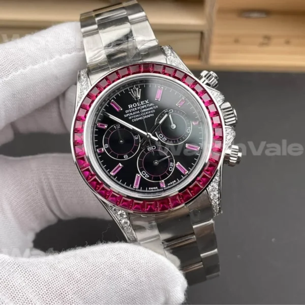 Rolex Daytona 126599TRU Super Clone Replica with black dial and ruby baguette bezel