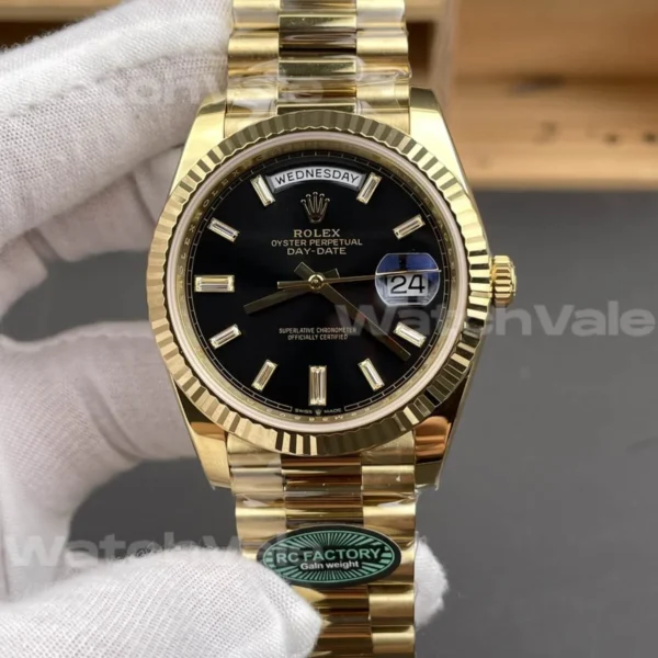 Rolex Oyster Perpetual Day-Date 40 228238 Black Baguette Dial Yellow Gold Super Clone Replica