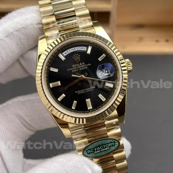 Rolex Day-Date 40 Yellow Gold Super Clone Replica with Black Baguette Dial