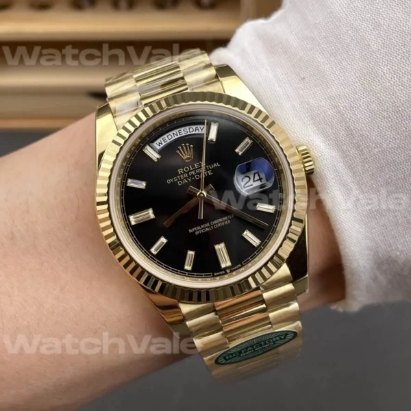 Premium Rolex Day-Date 40 Yellow Gold Black Dial Super Clone Replica
