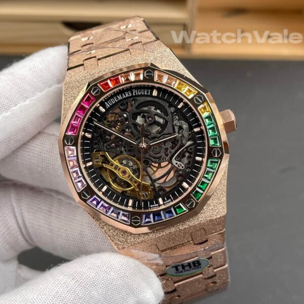 Audemars Piguet Royal Oak 15412OR rainbow skeleton dial close-up replica watch