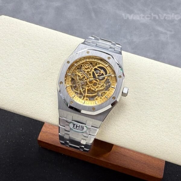 Replica AP Royal Oak Openworked pink gold skeleton dial close-up