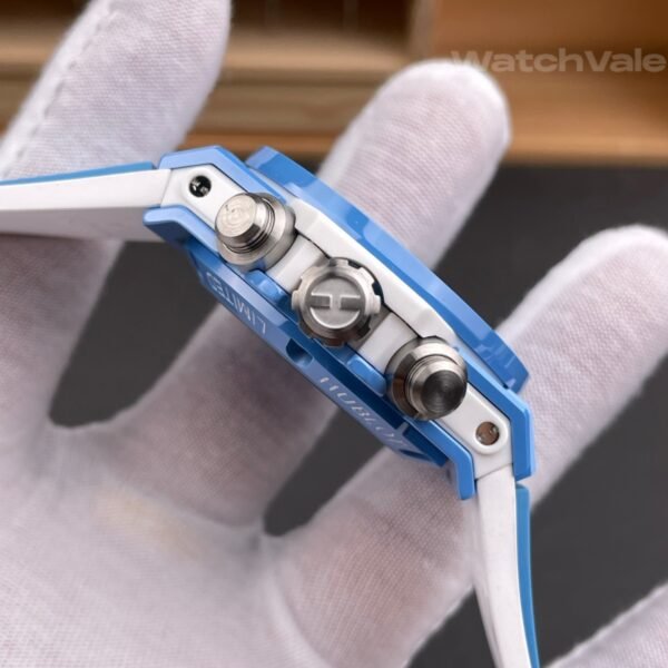 Sky blue skeleton dial replica watch with chronograph subdials close-up