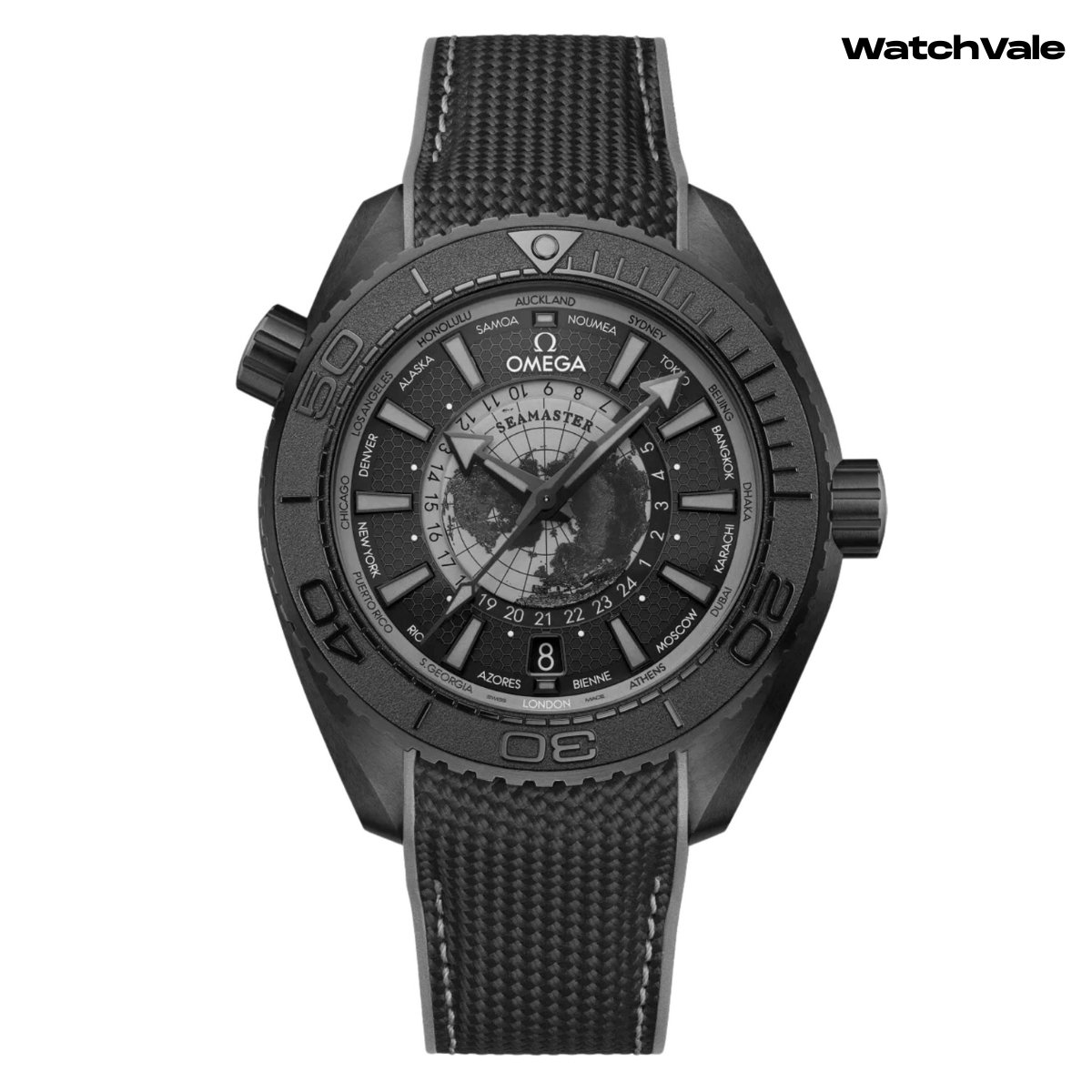 OMEGA Seamaster Planet Ocean Worldtimer grey dial close-up replica watch