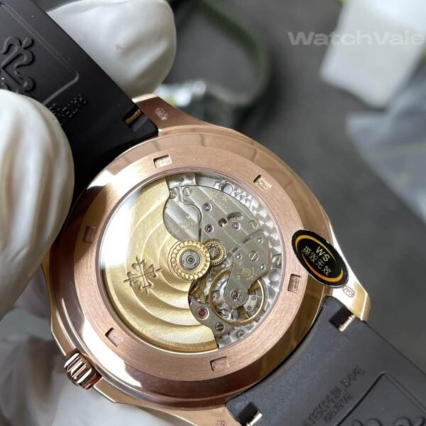 Patek Philippe Aquanaut rose gold replica caseback and movement view