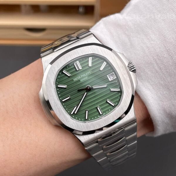Super clone Patek Nautilus olive green worn on wrist lifestyle photo