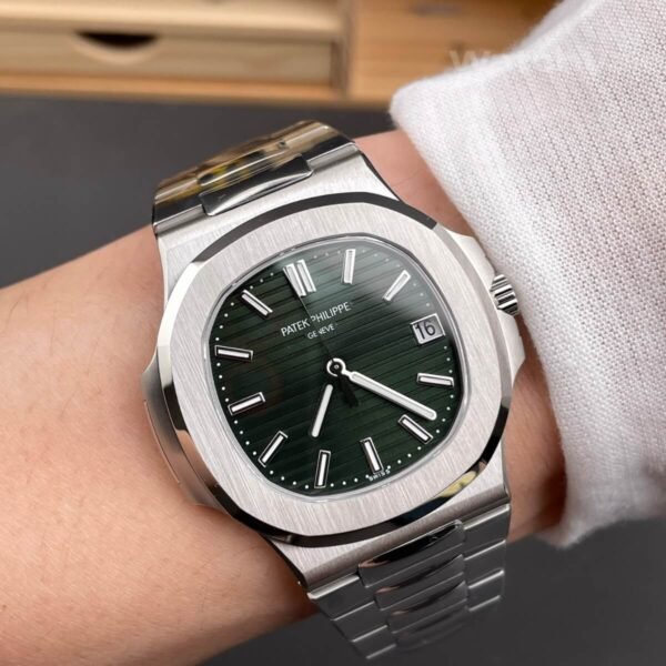Super clone Patek Nautilus olive green worn on wrist lifestyle photo