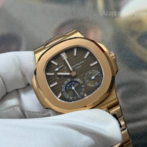 Replica Patek 5712/1R-001 rose gold moon phase and power reserve close-up