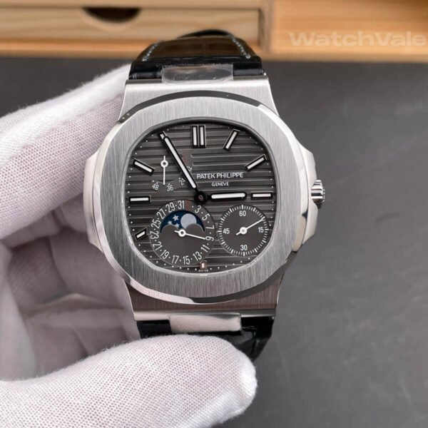 Replica Patek 5712G white gold moon phase and power reserve close-up