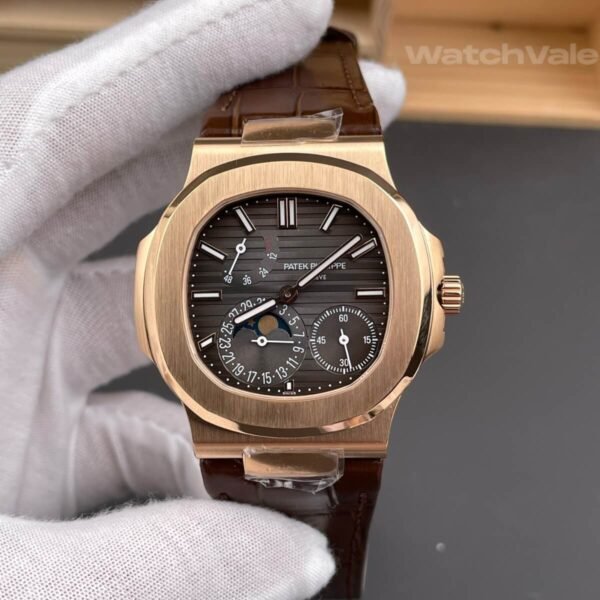 Replica Patek 5712R rose gold moon phase and power reserve close-up