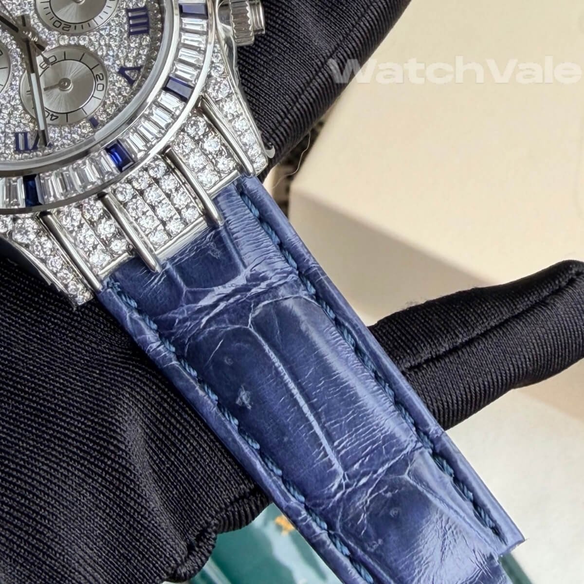 Rolex Daytona 116599 12SA blue sapphire diamond bezel side view replica