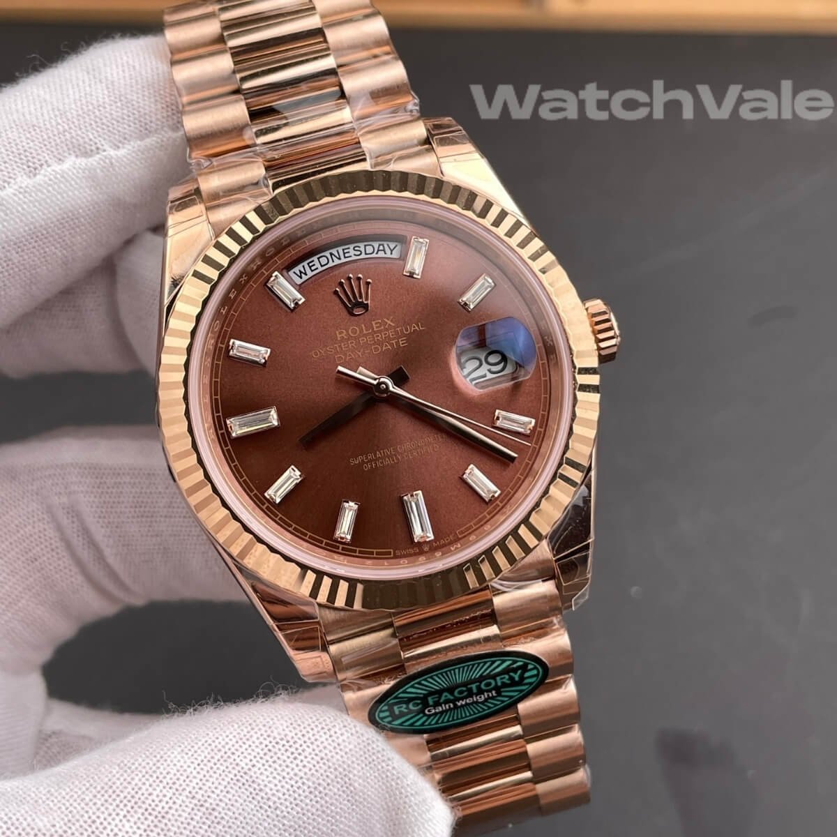 Rolex Day-Date 228235 baguette diamond markers close-up replica watch