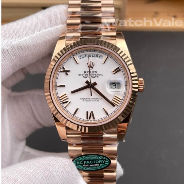 Rolex Day-Date 228235 white dial close-up replica watch