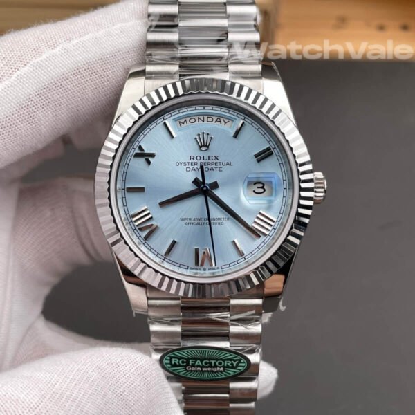 Rolex Day-Date 228236 ice blue dial close-up replica watch