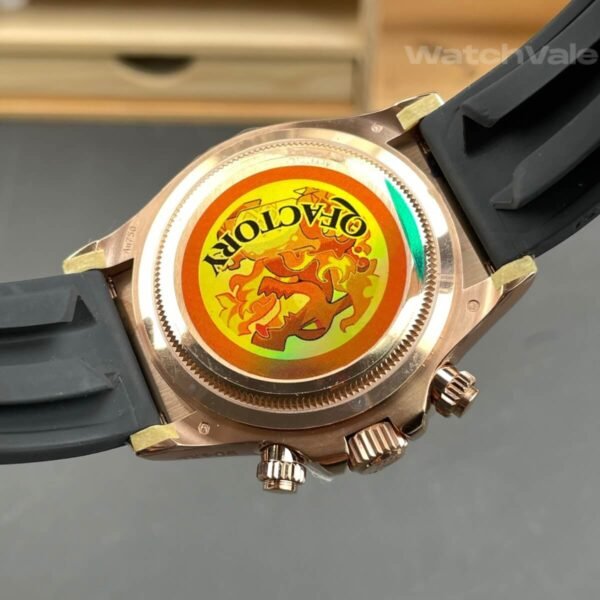 Rolex 126515LN replica side profile showing Everose gold case on wrist