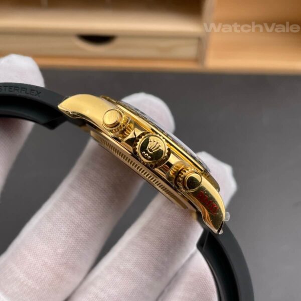 Rolex 126518LN champagne replica side profile showing yellow gold case on wrist