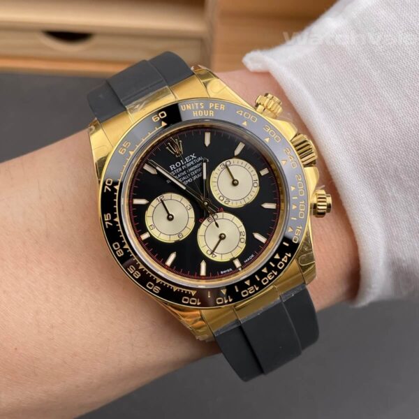Super clone Rolex Daytona black champagne worn on wrist lifestyle photo