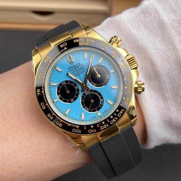 Super clone Rolex Daytona turquoise Oysterflex worn on wrist lifestyle photo