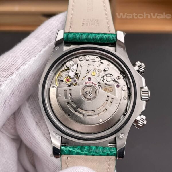 Chrysoprase dial replica watch with white gold hour markers close-up