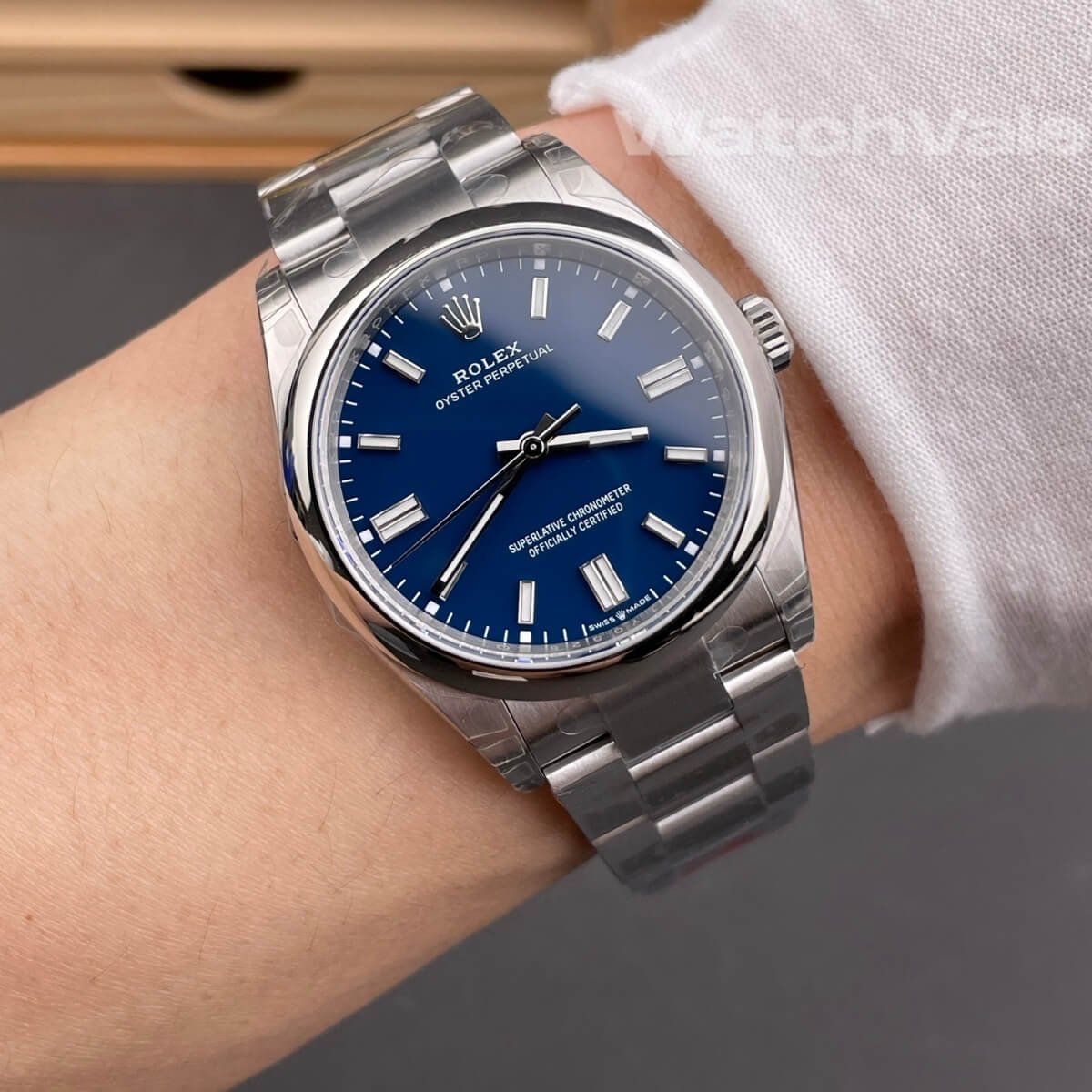 Rolex Oyster Perpetual 41 124300 full view bright blue dial replica
