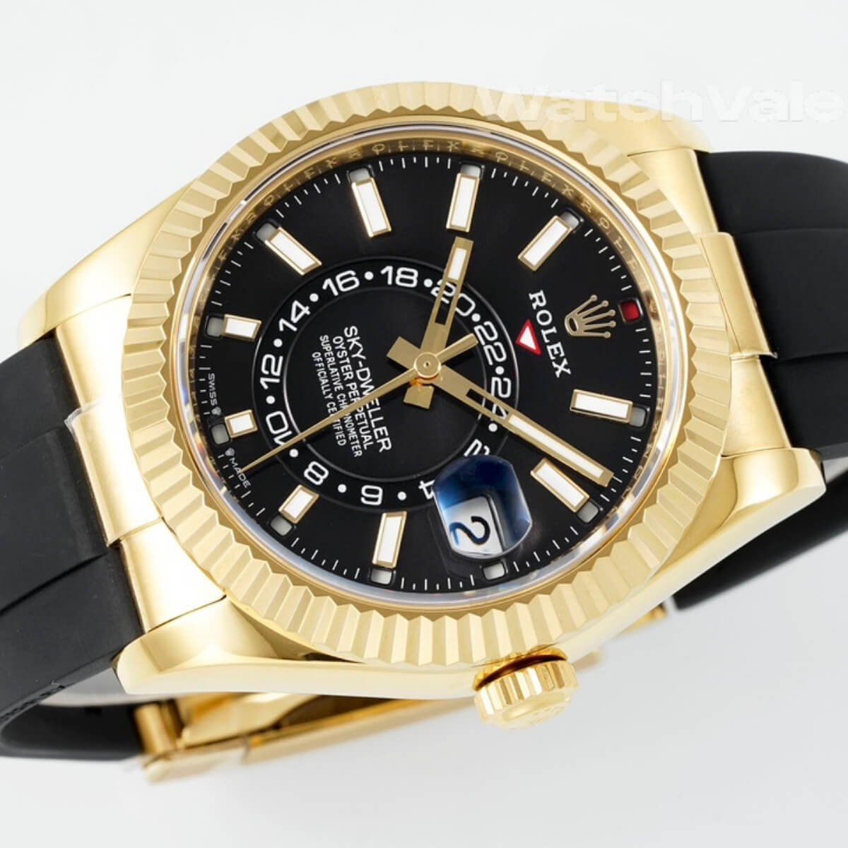 Rolex Sky-Dweller 336238 yellow gold Oysterflex replica on wrist