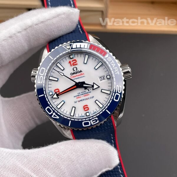 Omega Seamaster Planet Ocean America's Cup white ceramic dial close-up replica watch