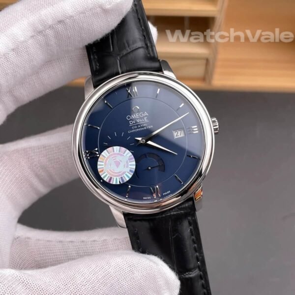 Omega De Ville Prestige blue dial power reserve close-up replica watch