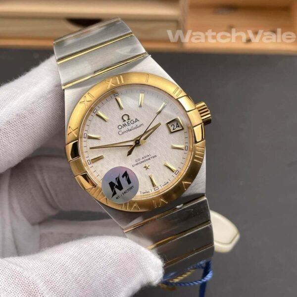 Omega Constellation silver lozenge dial close-up replica watch