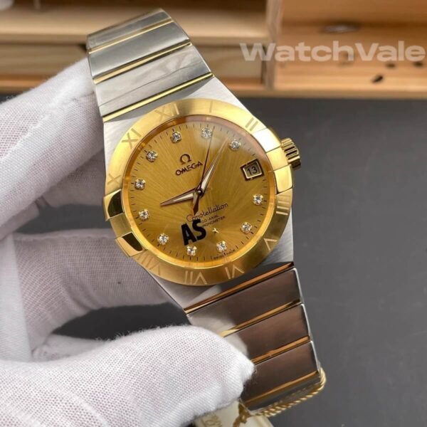 Omega Constellation champagne diamond dial close-up replica watch