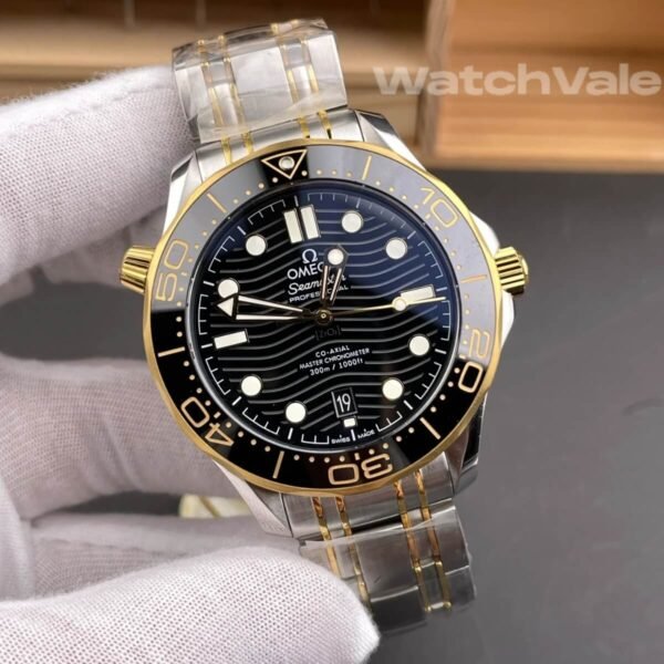 Omega Seamaster Diver 300M black ceramic wave dial close-up replica watch