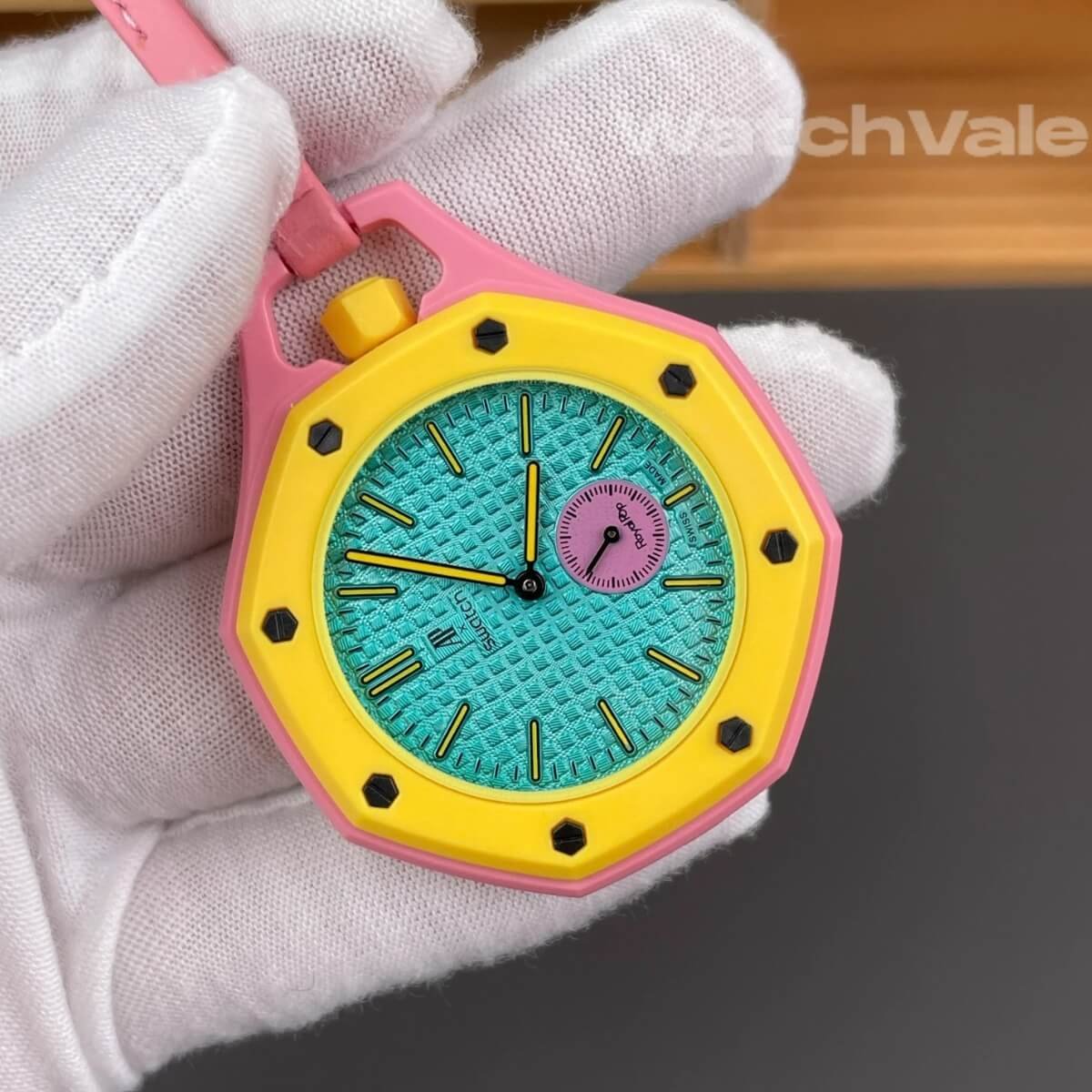 Audemars Piguet x Swatch Royal Pop teal tapisserie dial close-up replica watch