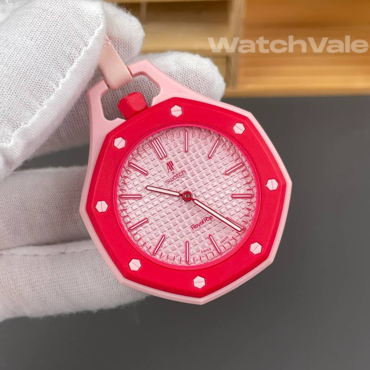 Audemars Piguet x Swatch Royal Pop Otto Rosso pink tapisserie dial close-up replica watch