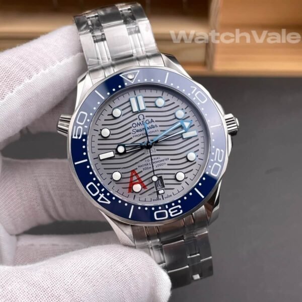 Omega Seamaster Diver 300M grey wave dial close-up replica watch