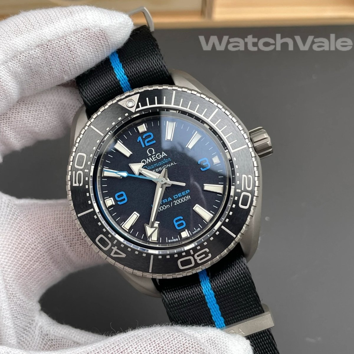 Omega Seamaster Planet Ocean Ultra Deep black titanium dial close-up replica watch