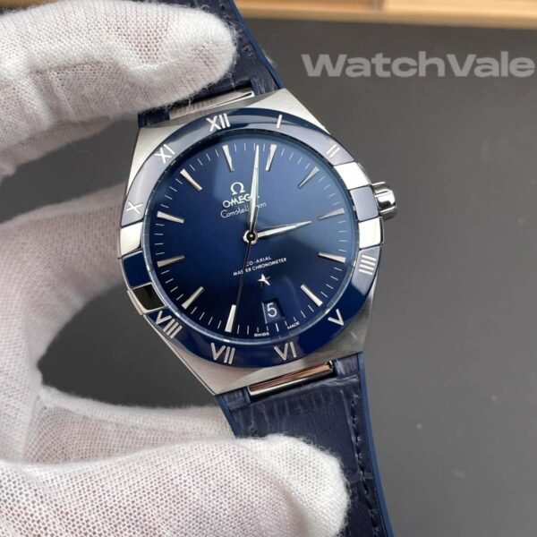 Omega Constellation blue sun-brushed dial close-up replica watch
