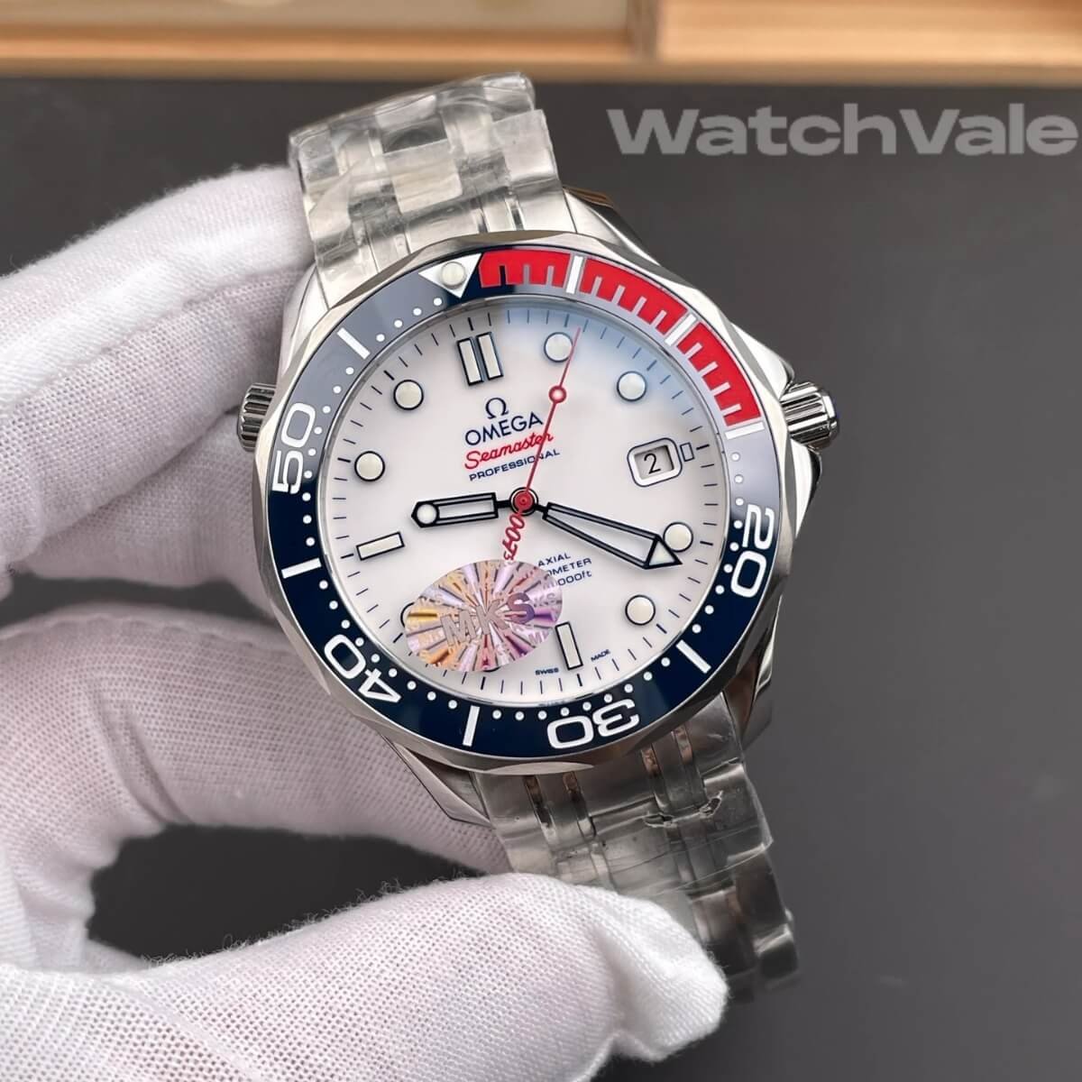 Omega Seamaster James Bond white ceramic dial close-up replica watch